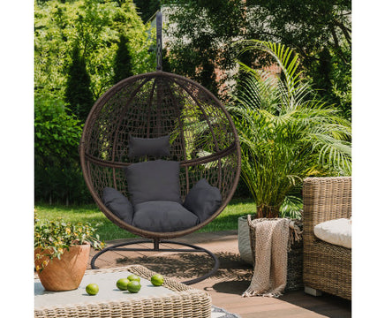 rattan-hanging-egg-chair-in-brown-and-grey-colour-outdoor-with-outdoor-living-set
