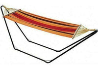 Single Size Cotton Canvas Hammock with Wooden Spreader Bar with Steel Hammock Stand-Yellow-Red-Brown Stripes-Siesta Hammocks