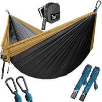 Upgrade Camping Hammock with Hammock Tree Straps Portable Parachute Nylon Hammock for Backpacking Travel-Khaki and Dark Grey-United States-Siesta Hammocks